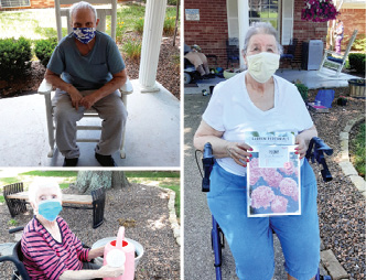 collage of photos of residents sitting outside in the shade and on the porch of Madison facility