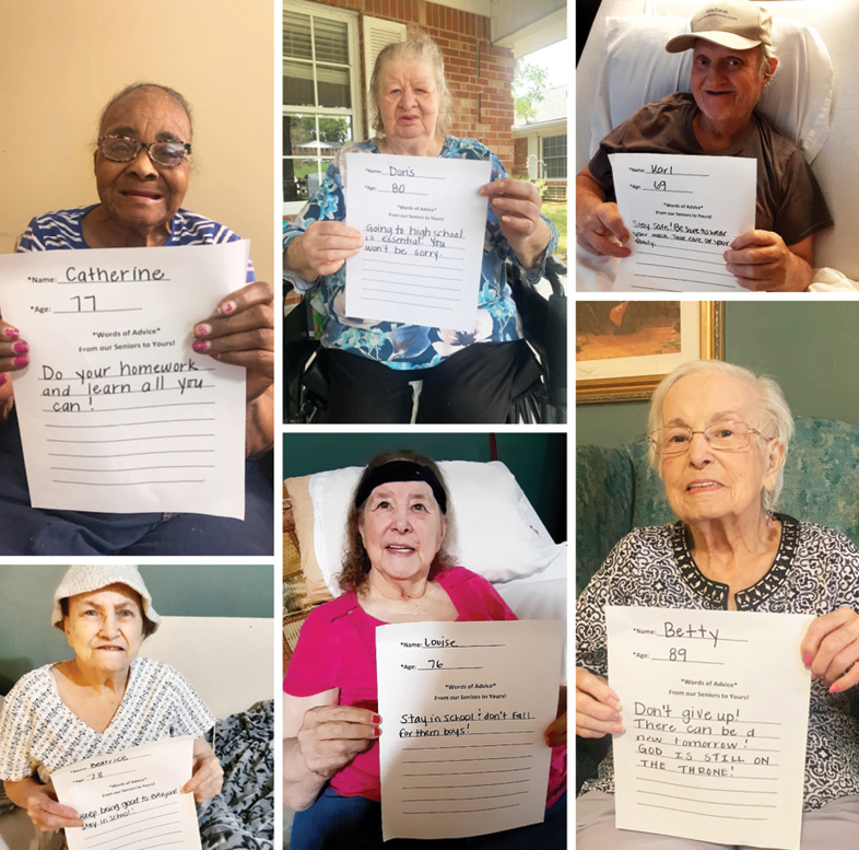 collage of resident photos holding pieces of paper with pieces of advice and wisdom written