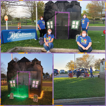 collage of photos with staff member outside with haunted house