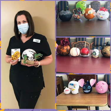 collage of photos with Madison staff member standing with her prize and decorated pumpkins on a table