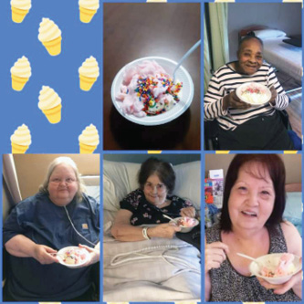 collage of resident photos eating cotton candy and ice cream in their rooms