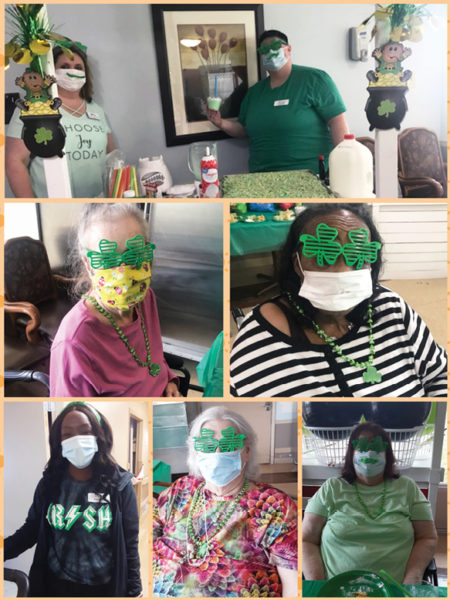 collage of residents and staff members dressed up for St. Patrick's Day