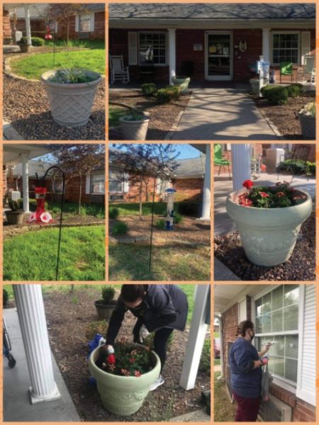 collage of photos of flowerpots with colorful flowers and bird feeders for residents to enjoy