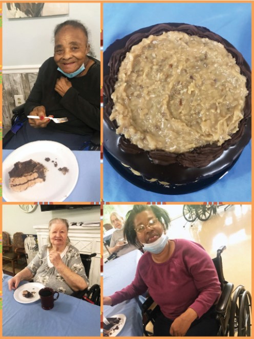 collage of residents eating chocolate cake