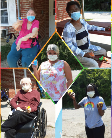 collage of residents from Madison Health and Rehab enjoying a water balloon fight