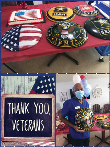 photo collage of veteran memorabilia and a sign saying Thank You Veterans