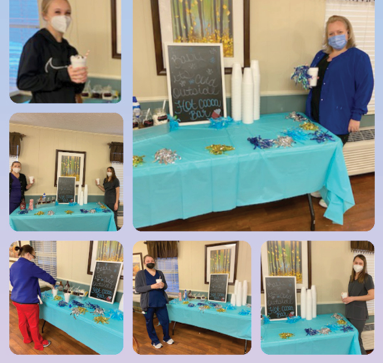 photo collage of hot chocolate bar set up for residents and staff