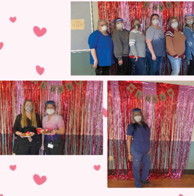 collage of photos of staff members standing in front of Valentines Wall