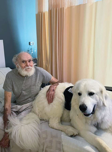 Large white fluffy therapy dog visiting residents at Madison Health and Rehab