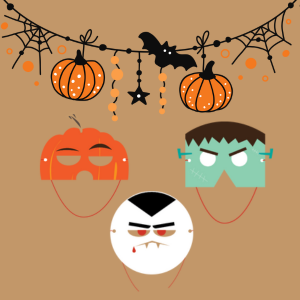 Image of three Halloween cut out masks and a banner of pumpkins and spider webs, and a bat along the top