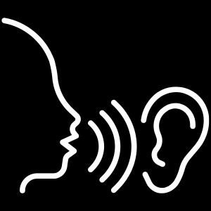 black background with white outlined graphic of mouth speaking to ear, depicting speech-hearing